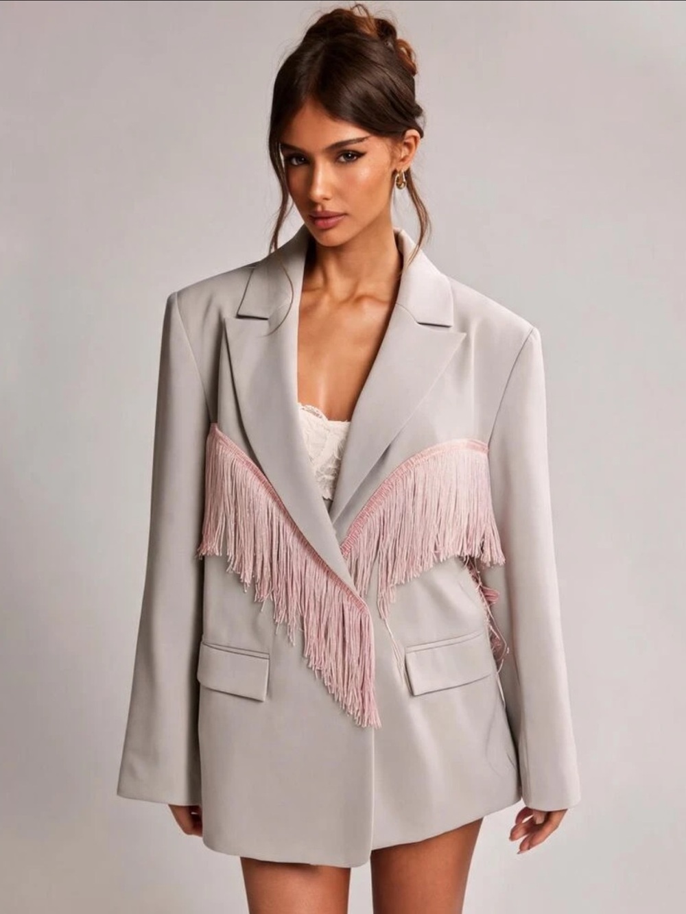 Light Pink Fringe Trim Oversized Blazer For Women Fall Elegant Long Sleeve